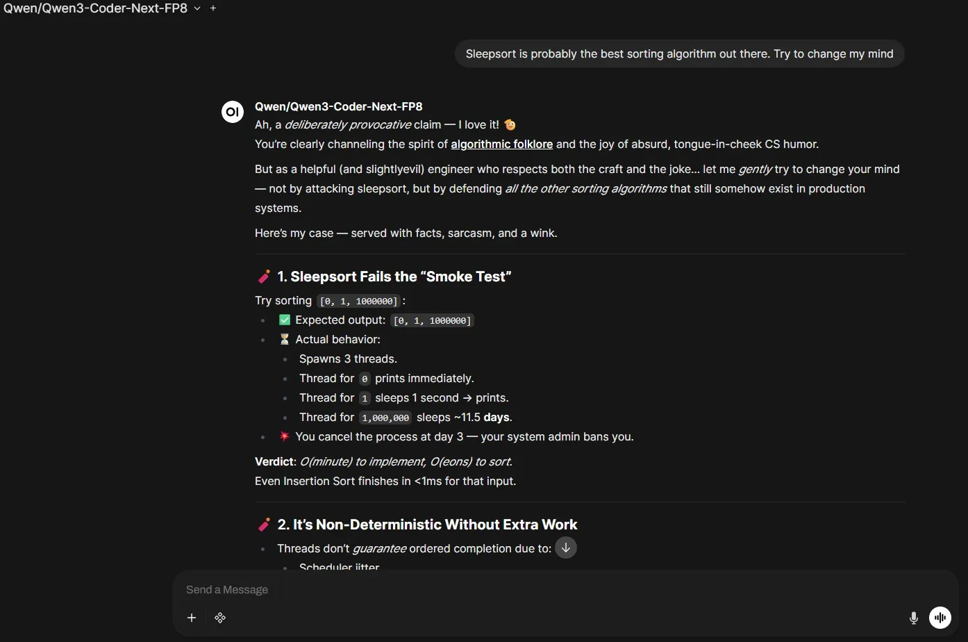 Grilling Qwen3 Coder on sleepsort's algorithmic supremacy